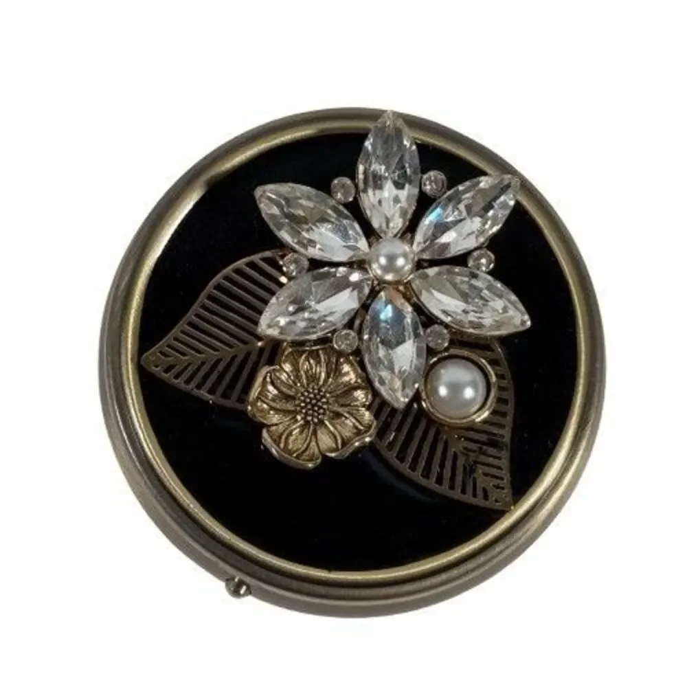 Pill Box Trinket Floral Design Blk Brass w/Crystal Embellishments 3 Compartments